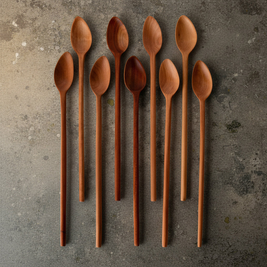 Langer Asymmetrischer Löffel aus Elsbeerenholz , handgefertigt aus nachhaltigen Hölzern, ressourcenschonend produziert, liegend, konvolut für Materialbeispiele