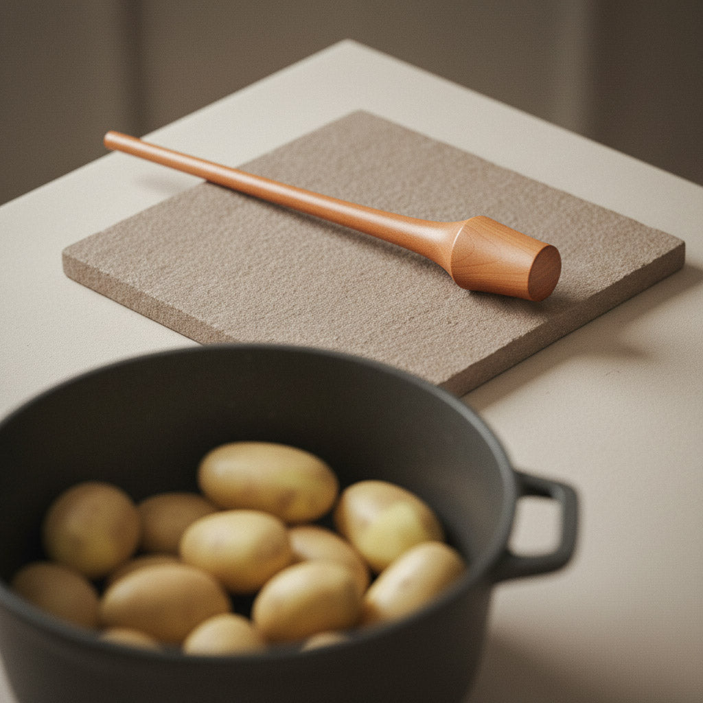 Kartoffelstampfer aus Holz, Küchenutensil aus Holz, Küchenszene mit Kartoffeln im Vordergrund, hergestellt aus Elsbeeren Holz von der Tischlerei mimikry in Leipzig