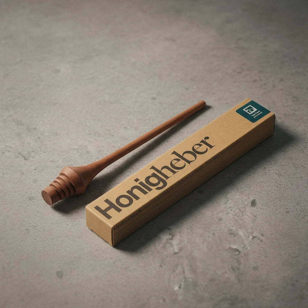 Der Honigheber Elsa aus Elsbeerenholz gefertigt liegt orthogonal zu seiner Verpackung, ein Honiglöffel aus Elsbeere handgemacht in der Leipziger Tischlerei mimikry