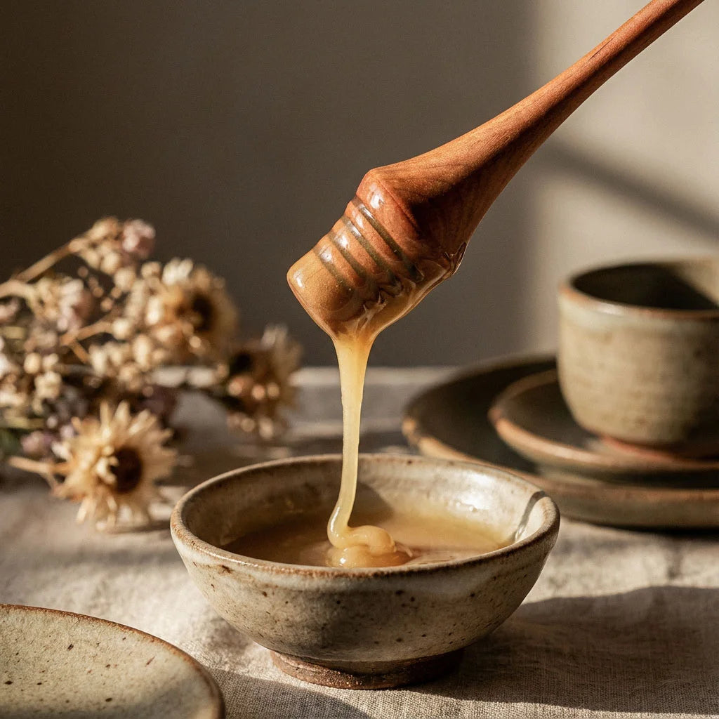Ein Honiglöffel aus Elsbeeren Holz, der Serie "Elsbeere" wird in der Hand gehalten, während Honig aus einem Glas aufgenommen wird, was die Handhabung und Funktionalität demonstriert.
