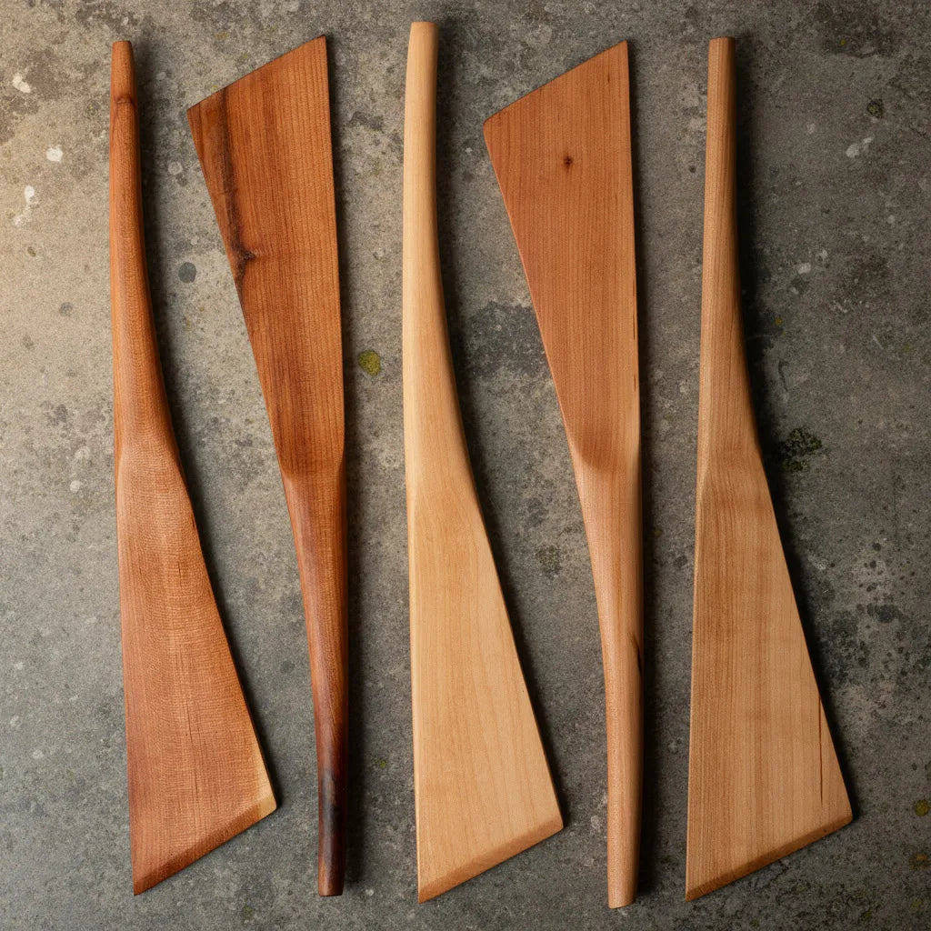 Pfannenwender aus Holz, Materialmuster für die verschiedenen Farben und Maserungen des Elsbeerenholzes, gefertigt in der Tischlerei mimikry in Leipzig