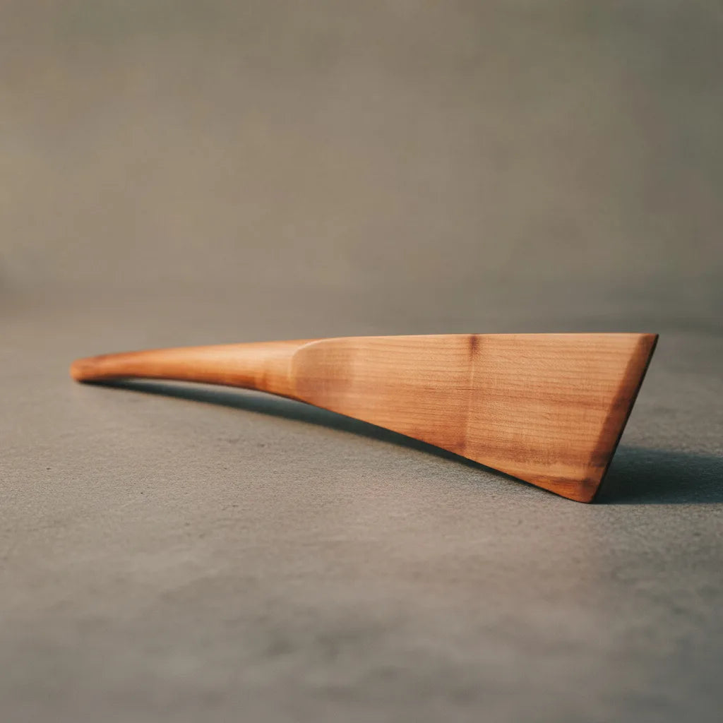 Handgefertigter Pfannenwender aus Elsbeere mit langer, schmaler Lippe und ergonomischem Griff, nachhaltig produziert, seitliche Ansicht.