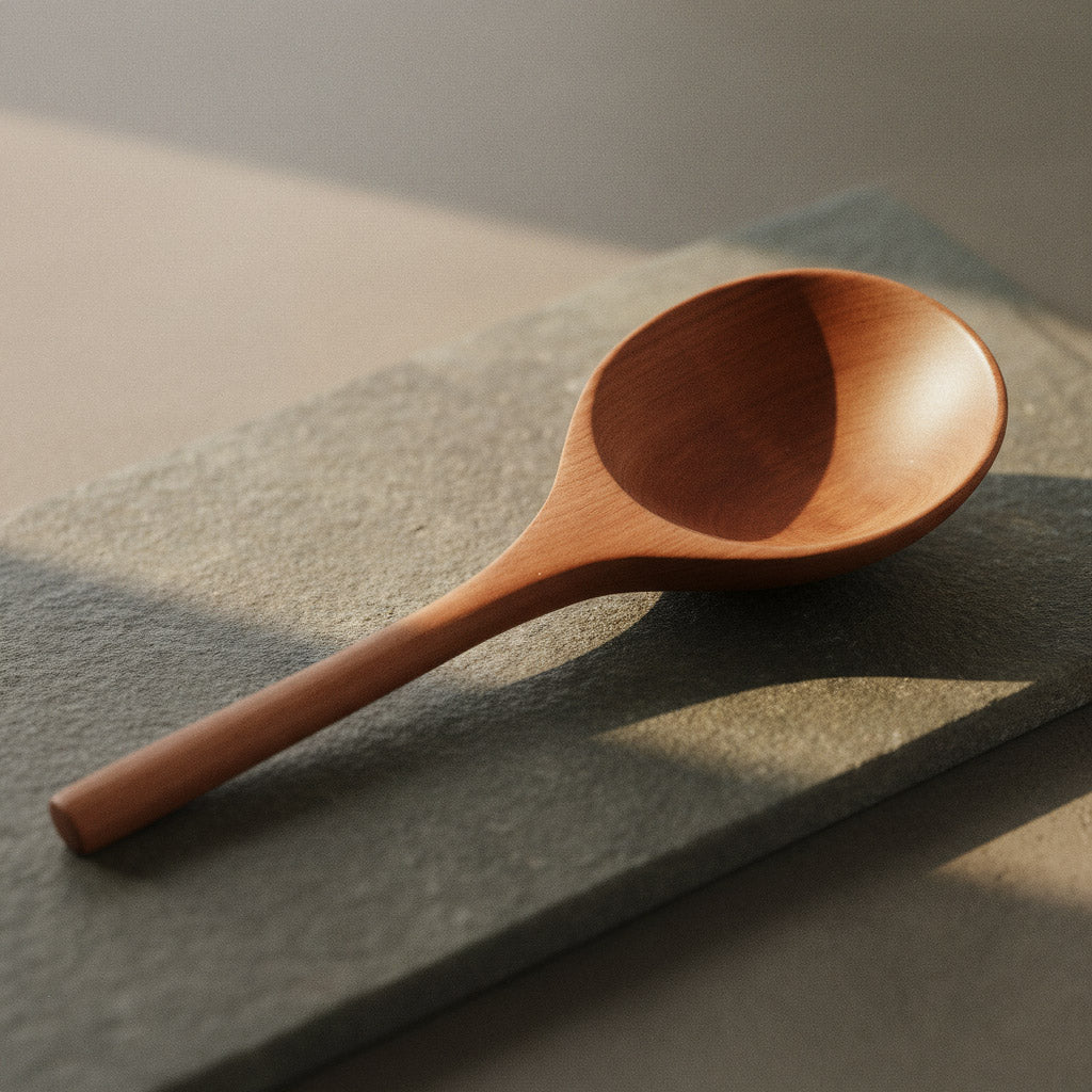 Kurzer Reislöffel mit breiter Kelle aus Elsbeererholz von Hand gefertigt mit natürlichem Leinöl Finish
