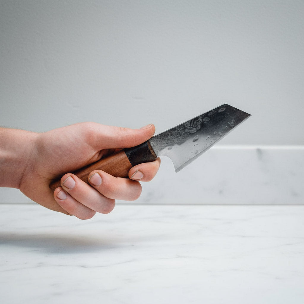 Kleines Bunka Küchenmesser "Fiora" mit Klinge aus recyceltem Sägeblatt, hochwertiger Werkzeugstahl, Messergriff aus Mooreiche & Elsbeere