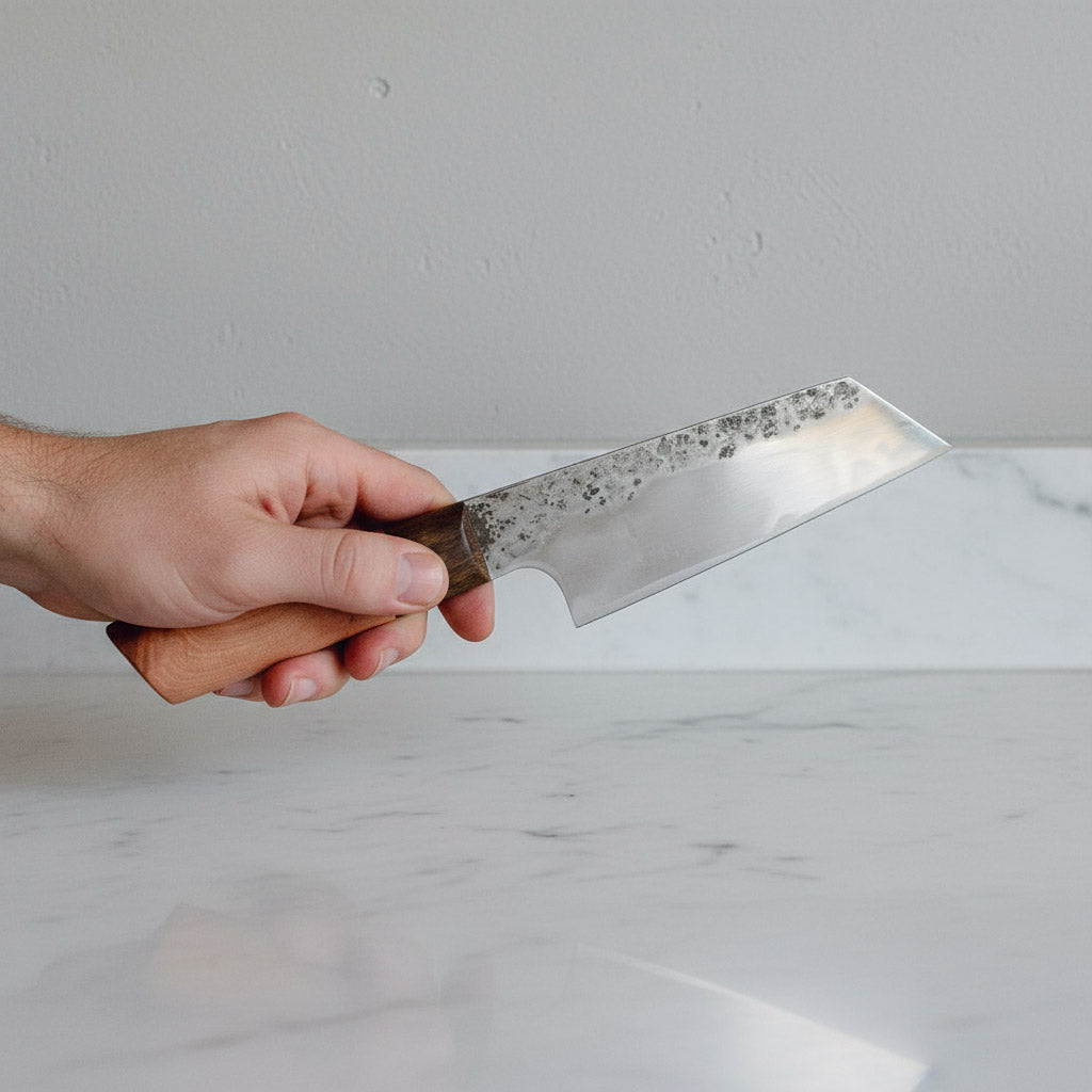 Großes Bunka Küchenmesser "Fiora" mit Klinge aus recyceltem Sägeblatt, hochwertiger Werkzeugstahl, Messergriff aus Mooreiche & Elsbeere