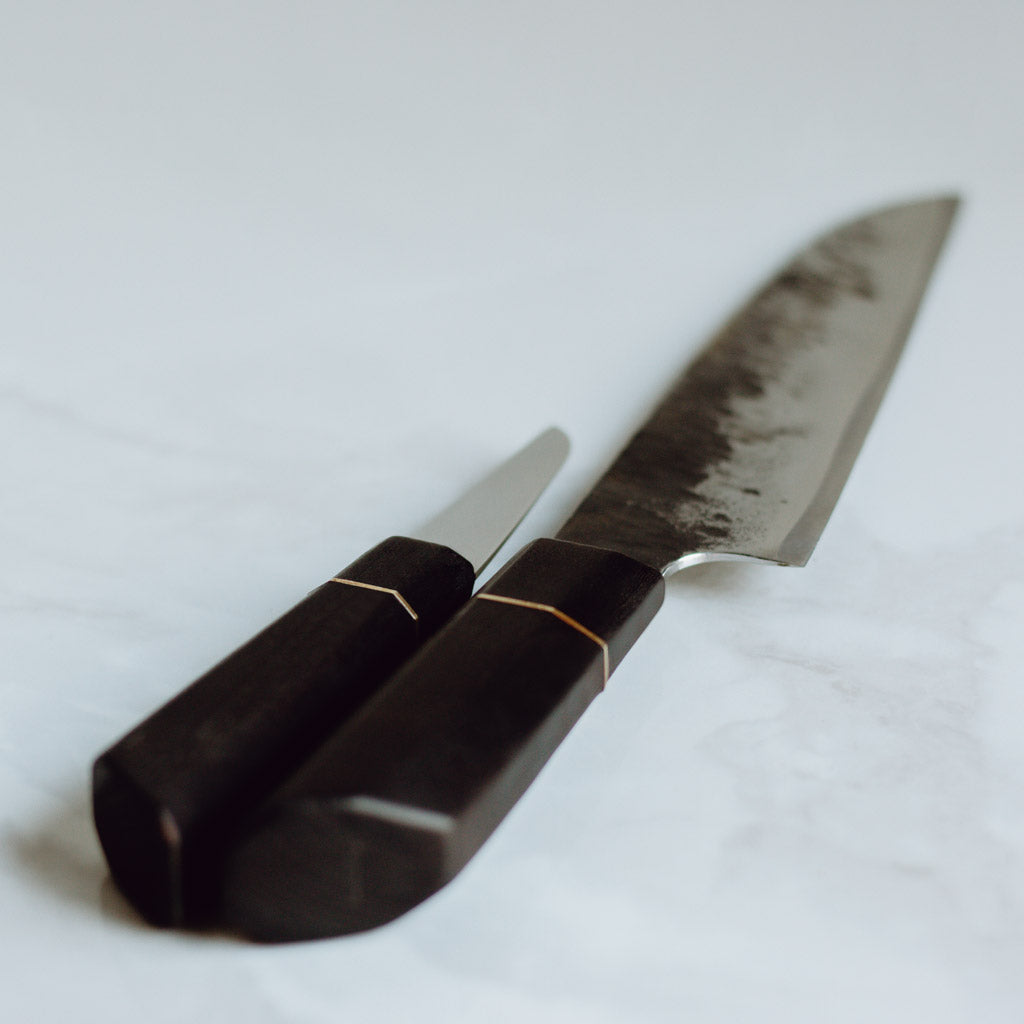 Großes Gyuto / Santoku / Yanagiba Messer "Umbra" mit Messerschneide aus recyceltem Sägeblatt - Werkzeugstahl, Messergriff in Elsbeere, Shou Sugi Ban 焼杉