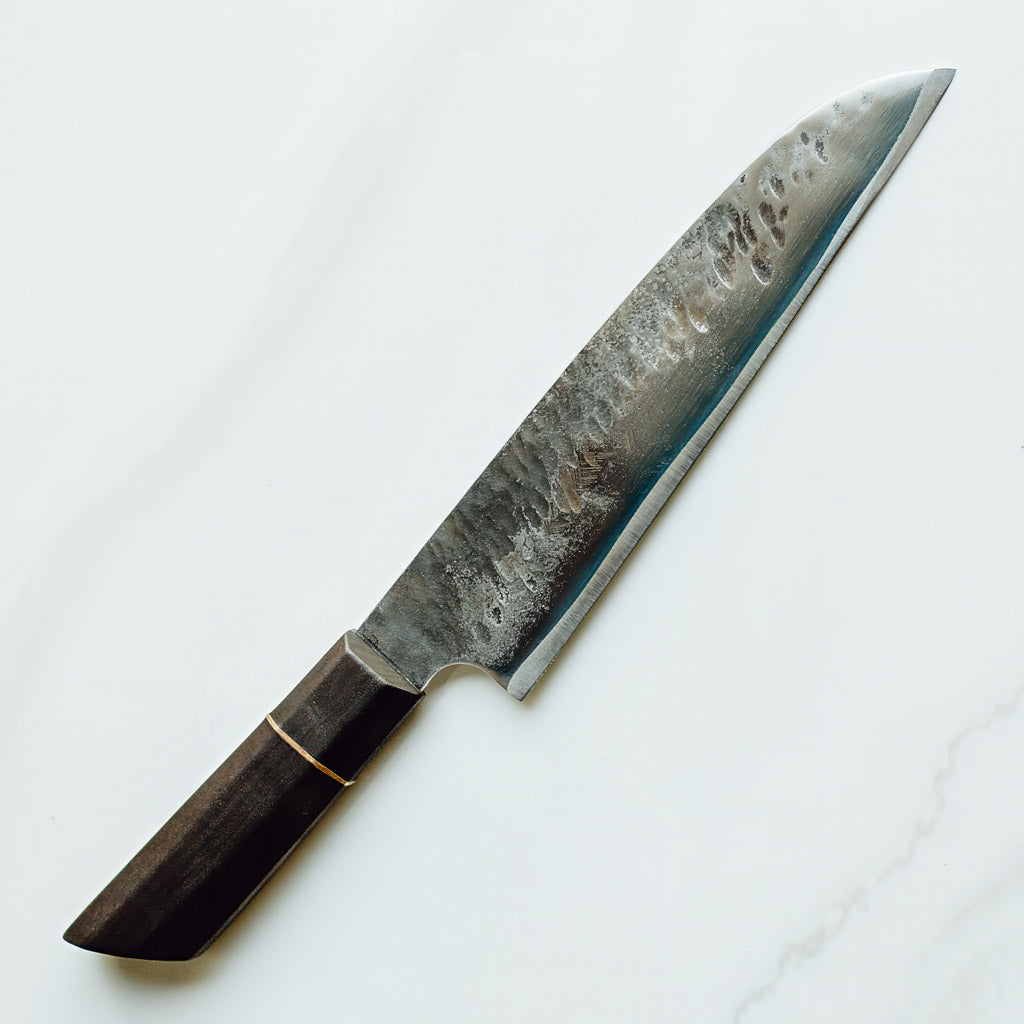 Großes Gyuto / Santoku / Yanagiba Messer "Umbra" mit Messerschneide aus recyceltem Sägeblatt - Werkzeugstahl, Messergriff in Elsbeere, Shou Sugi Ban 焼杉