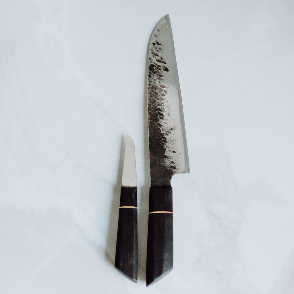 Set aus kleinem Patty Messer und Großes Gyuto / Santoku / Yanagiba Messer "Umbra" mit Messerschneide aus recyceltem Sägeblatt - Shou Sugi Ban 焼杉