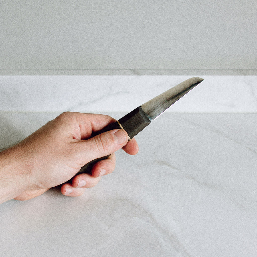Set aus kleinem Patty Messer und Großes Gyuto / Santoku / Yanagiba Messer "Umbra" mit Messerschneide aus recyceltem Sägeblatt - Shou Sugi Ban 焼杉
