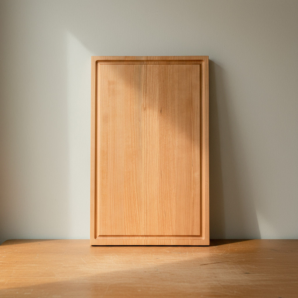 Schneidebrett Holz Groß Kirsche mit Saftrille, ein hochwertiges Holz Schneidebrett steht angelehnt an der hellen neutralen Wand, die Maserung ist relativ homogen und warm in ihrer Farbe, Hergestellt von der Tischlerei mimikry in Leipzig