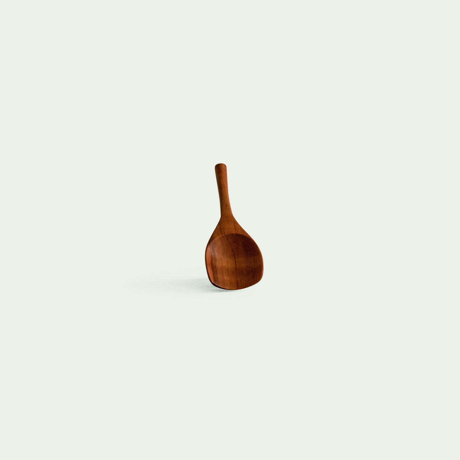 Handgefertigte Salzschaufel aus Elsbeere, stehend in Frontalsicht, nachhaltig produziert, mit ergonomischem Design.