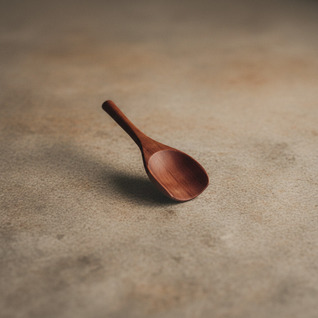 Handgefertigte Salzschaufel aus Elsbeeren Holz , liegend, nachhaltig produziert, in Serie Elsa erhältlich, perspektive schwebend