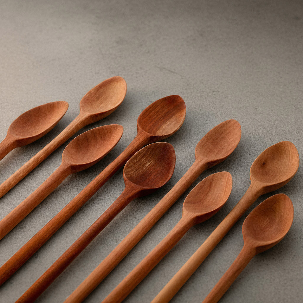 Langer, Asymmetrischer Löffel aus Elsbeere, handgefertigt aus nachhaltigen Hölzern, ressourcenschonend produziert, liegend, Materialbeispiele