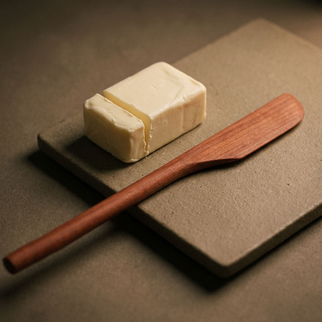 Buttermesser aus Holz, aus Elsbeerenholz gefertigt von Leipziger Tischlerei mimikry, szenische Darstellung neben einem Stück Butter