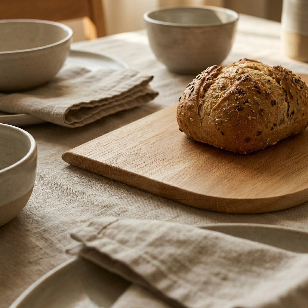 Kleines Frühstücksbrett Talino aus Eiche, Massivholz – handgefertigt mit lebensmittelechtem Leinöl Finish. Jedes Holzbild von Hand gelegt und traditionell gefertigt, 27 x 17 x 1,5 cm