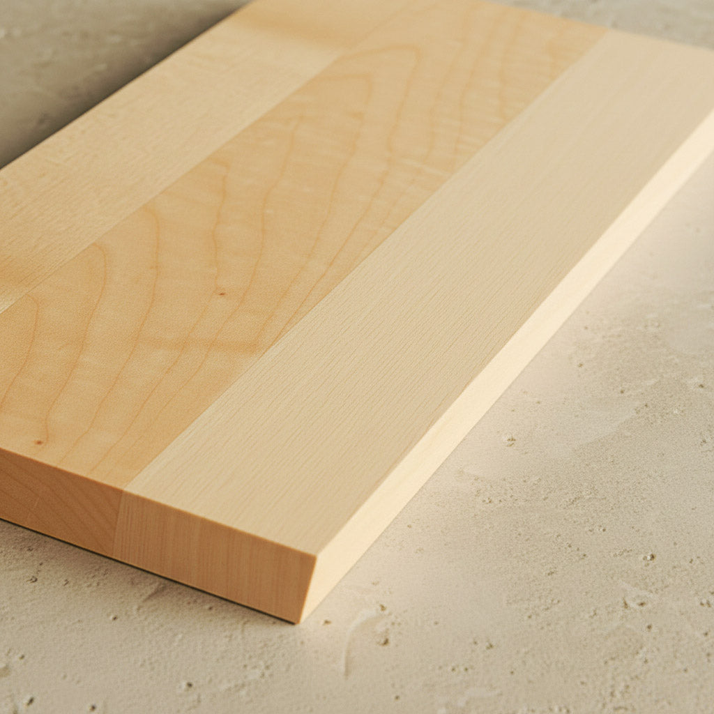 Kleines Massivholz Schneidebrett Ahorn Alba auf beigem Steinboden 01