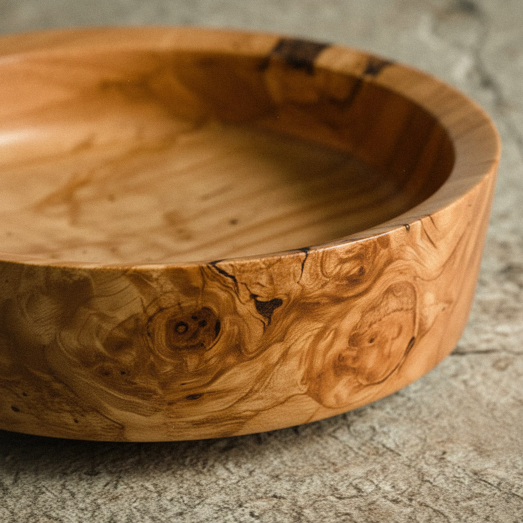 Verwurzelte Holzschale aus Kirsche, wegen ihrer Maserung zur Schale geworden glänzt dieses Stück Holz durch ein langlebiges Bienenwachs Finish. Ø 19 cm