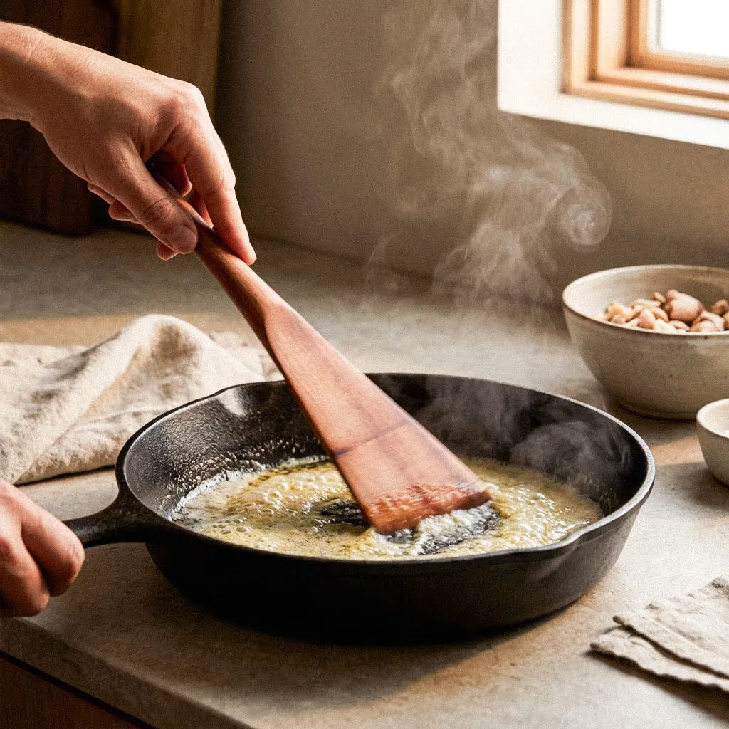 Ein PFannwender aus Holz , lebensmittelecht sein Essen verrühren, handgefertigt in der Leipziger Tischlerei mimikry