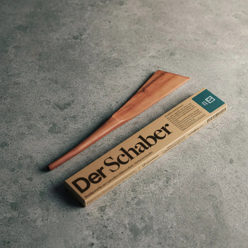 Pfannwender aus Elsbeere, gefertigt in Leipzig Tischlerei mimikry, liegt neben der Verpackung, der Pfannenwender aus Holz heißt Der Schaber