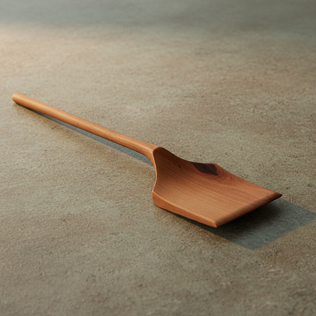 Pfannenwender aus Holz Elsbeere, handgefertigt aus einem Stück, ressourcenschonend produziert, liegend, diagonale Ansicht.