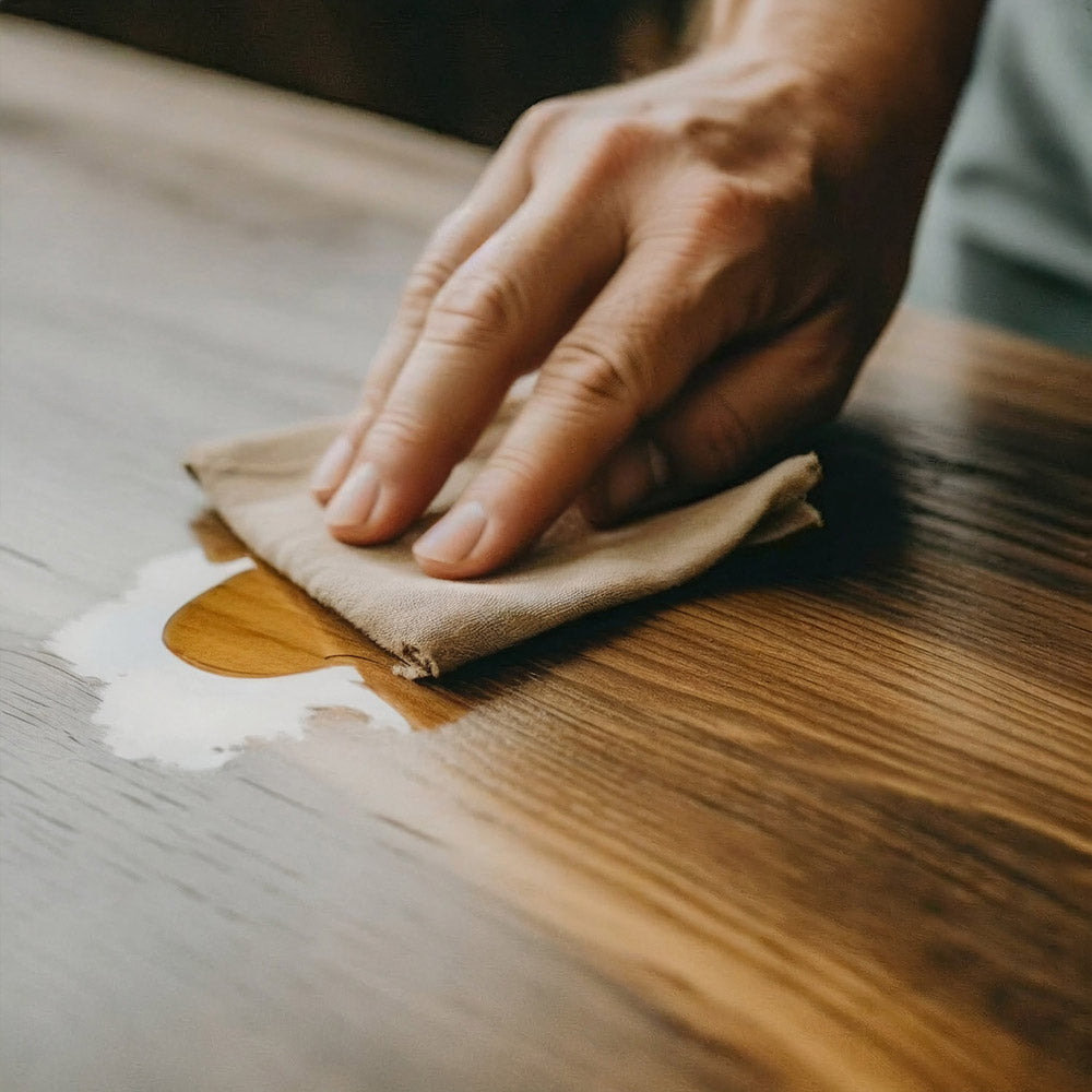 Hand, die ein Holzmöbelstück mit Öl pflegt, zeigt die richtige Pflege und Erhaltung von natürlichen Holzmöbeln für eine lange Lebensdauer.