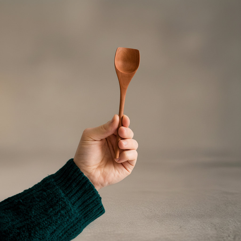 Hand hält handgefertigten Esslöffel aus Elsbeere, nachhaltig produziert. minimalistisches Design