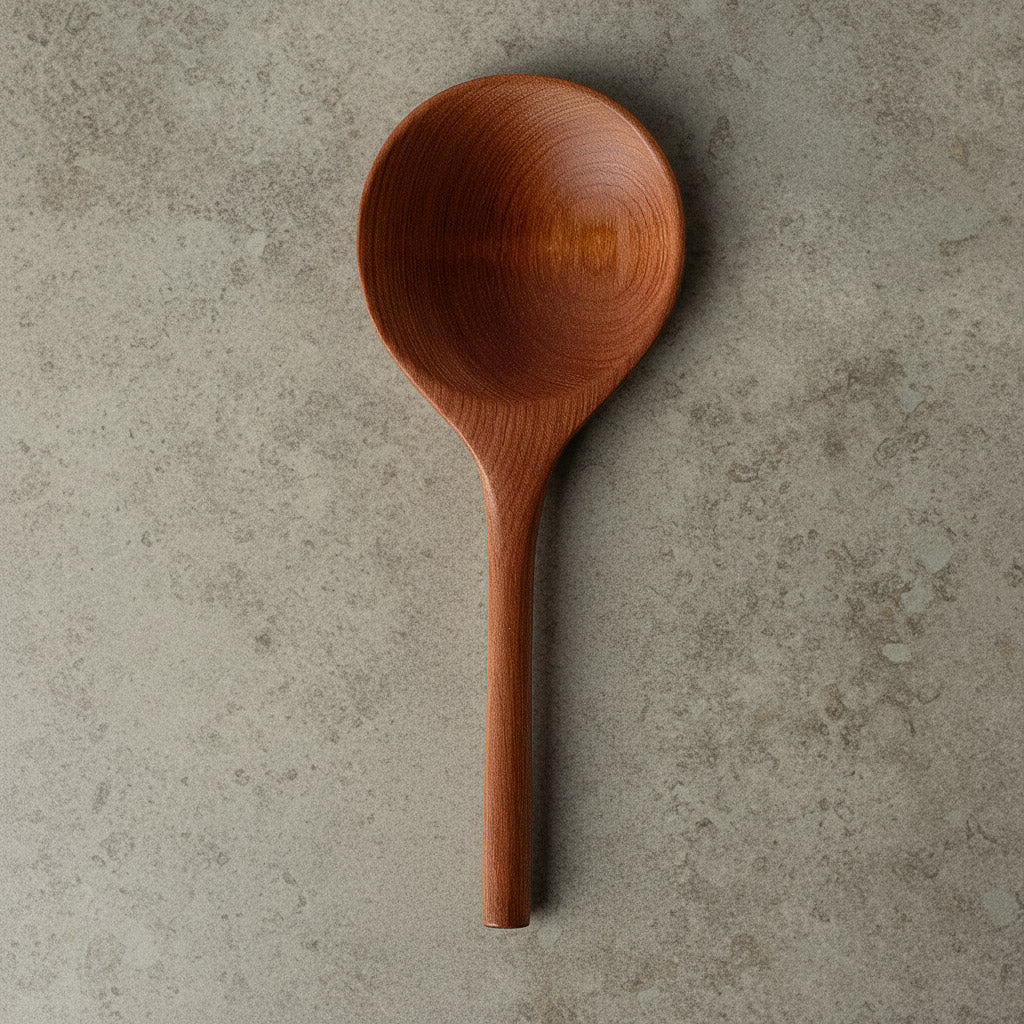 Kurzer Reislöffel mit breiter Kelle aus Elsbeererholz von Hand gefertigt mit natürlichem Leinöl Finish