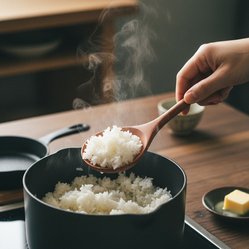Kurzer Reislöffel mit breiter Kelle aus Elsbeererholz von Hand gefertigt mit natürlichem Leinöl Finish