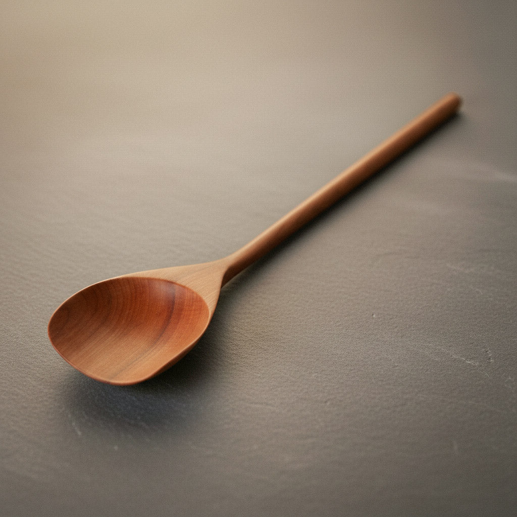 Koch- und Suppenlöffel aus Elsbeere, von Hand gefertigt aus einem Stück, mit hauseigenem Leinöl Finish veredelt, ressourcenschonend hergestellt