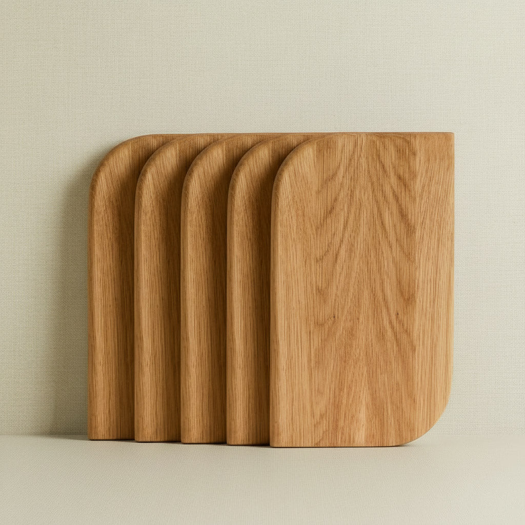 Schneidebrett Set für die Küche Klein Holz Talino Eiche auf beigem Hintergrund 06