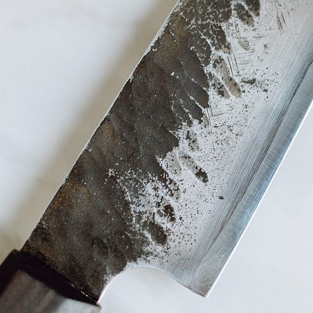 Großes Gyuto / Santoku / Yanagiba Messer "Umbra" mit Messerschneide aus recyceltem Sägeblatt - Werkzeugstahl, Messergriff in Elsbeere, Shou Sugi Ban 焼杉