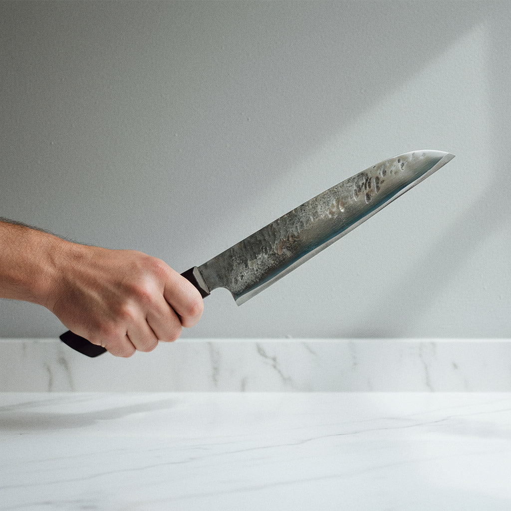 Großes Gyuto / Santoku / Yanagiba Messer "Umbra" mit Messerschneide aus recyceltem Sägeblatt - Werkzeugstahl, Messergriff in Elsbeere, Shou Sugi Ban 焼杉